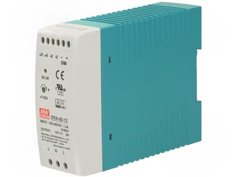 Драйвер 60Вт 12V AC-DC на DIN-рейку Meanwell DRA-60-12 IP20 100x40x90 мм